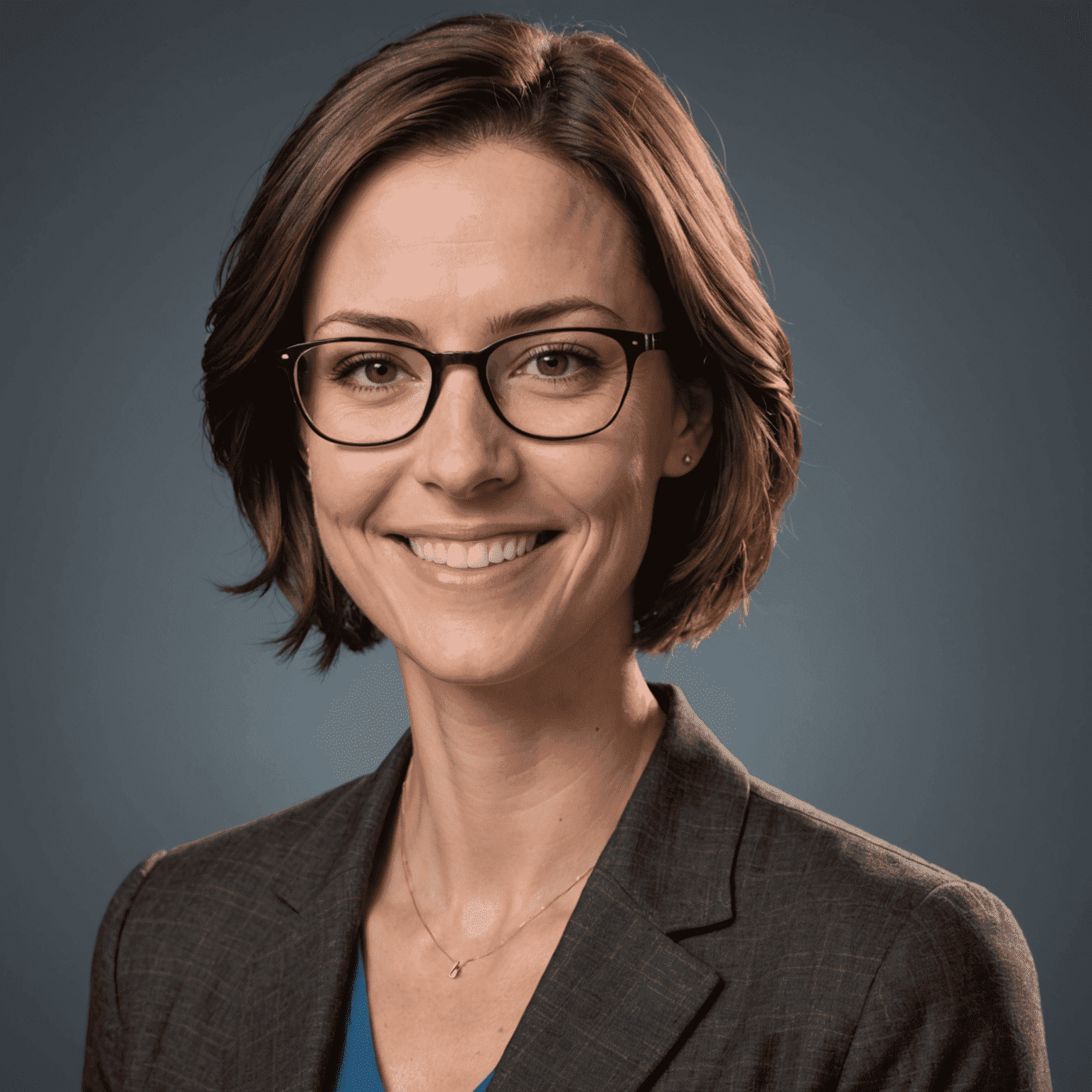 Sarah Johnson, a woman in her early 30s with short brown hair and glasses, smiling at the camera in a professional setting