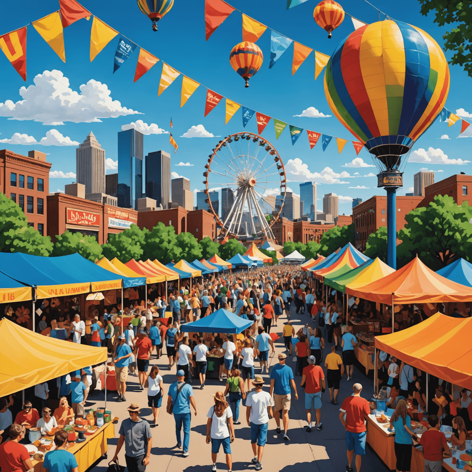 Colorful image depicting various summer festivals in Denver, showing music performances, food stalls, and art exhibitions