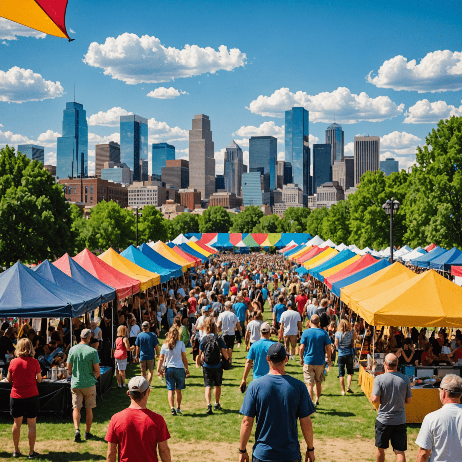 Colorful image of a summer festival in Denver with people enjoying music, food, and art installations. The city skyline is visible in the background.