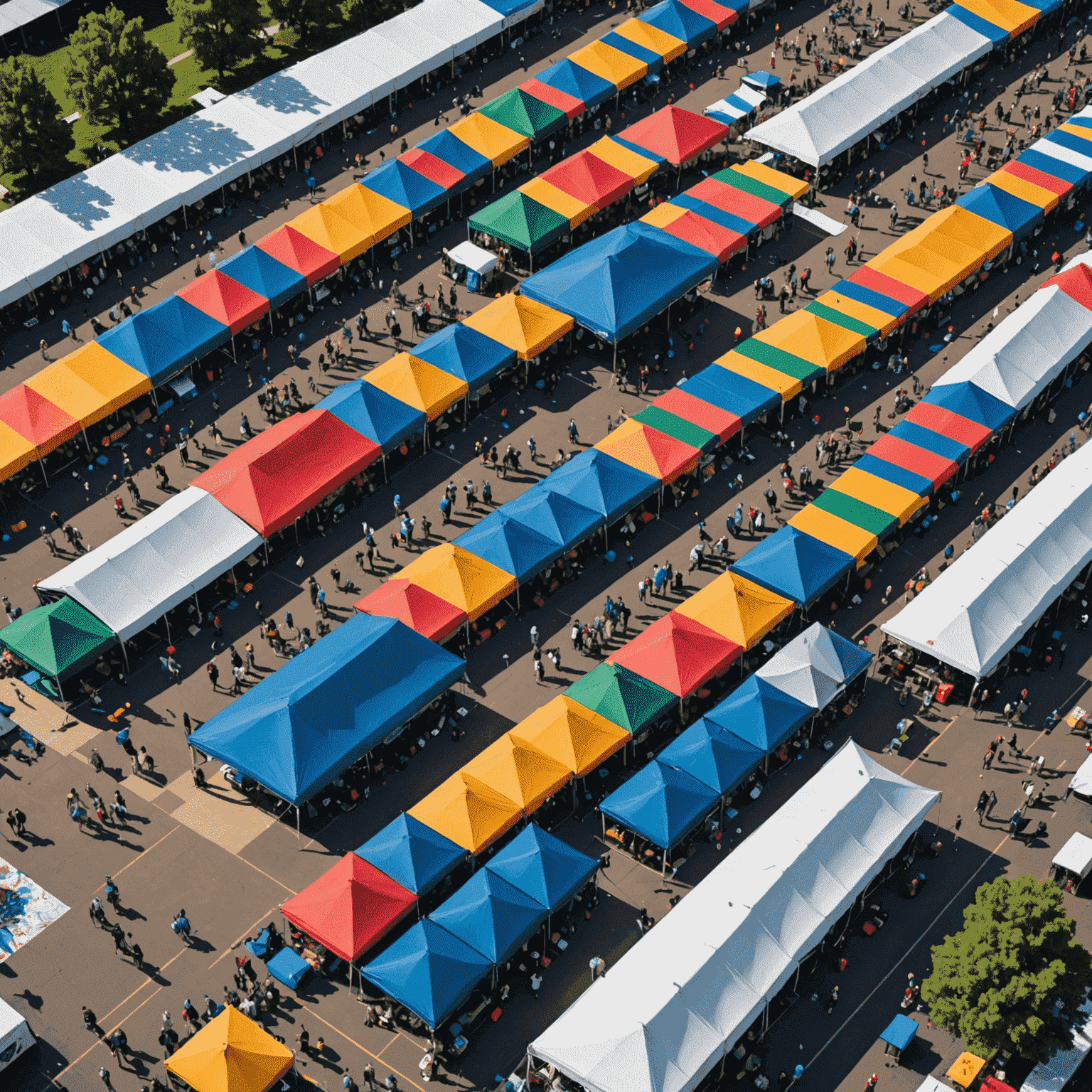 Aerial view of a vibrant summer festival in Denver with colorful tents, stages, and crowds enjoying music and food