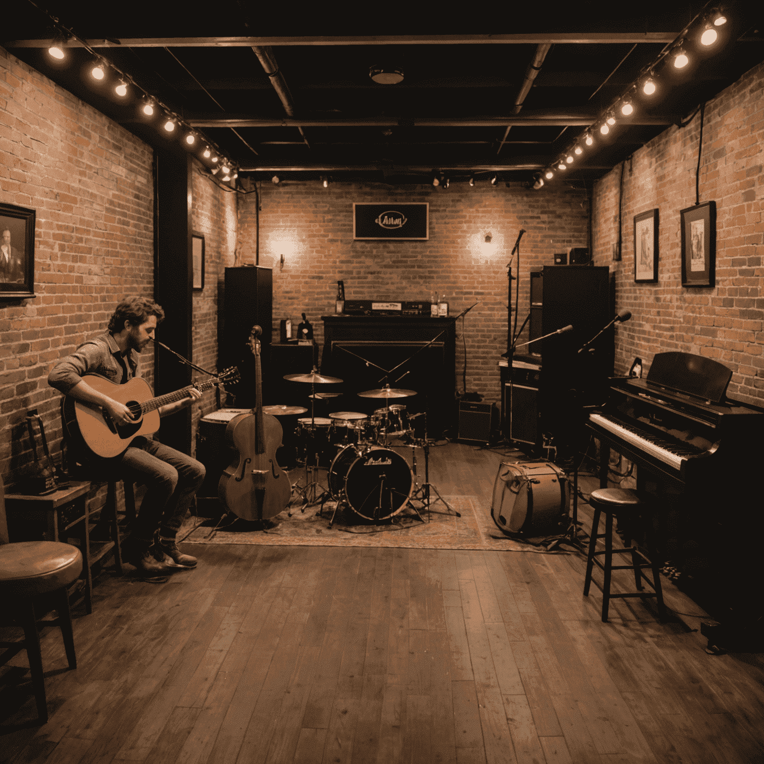 The Meadowlark: A cozy basement venue with brick walls, dim lighting, and a small stage. Musicians are performing to an intimate crowd.