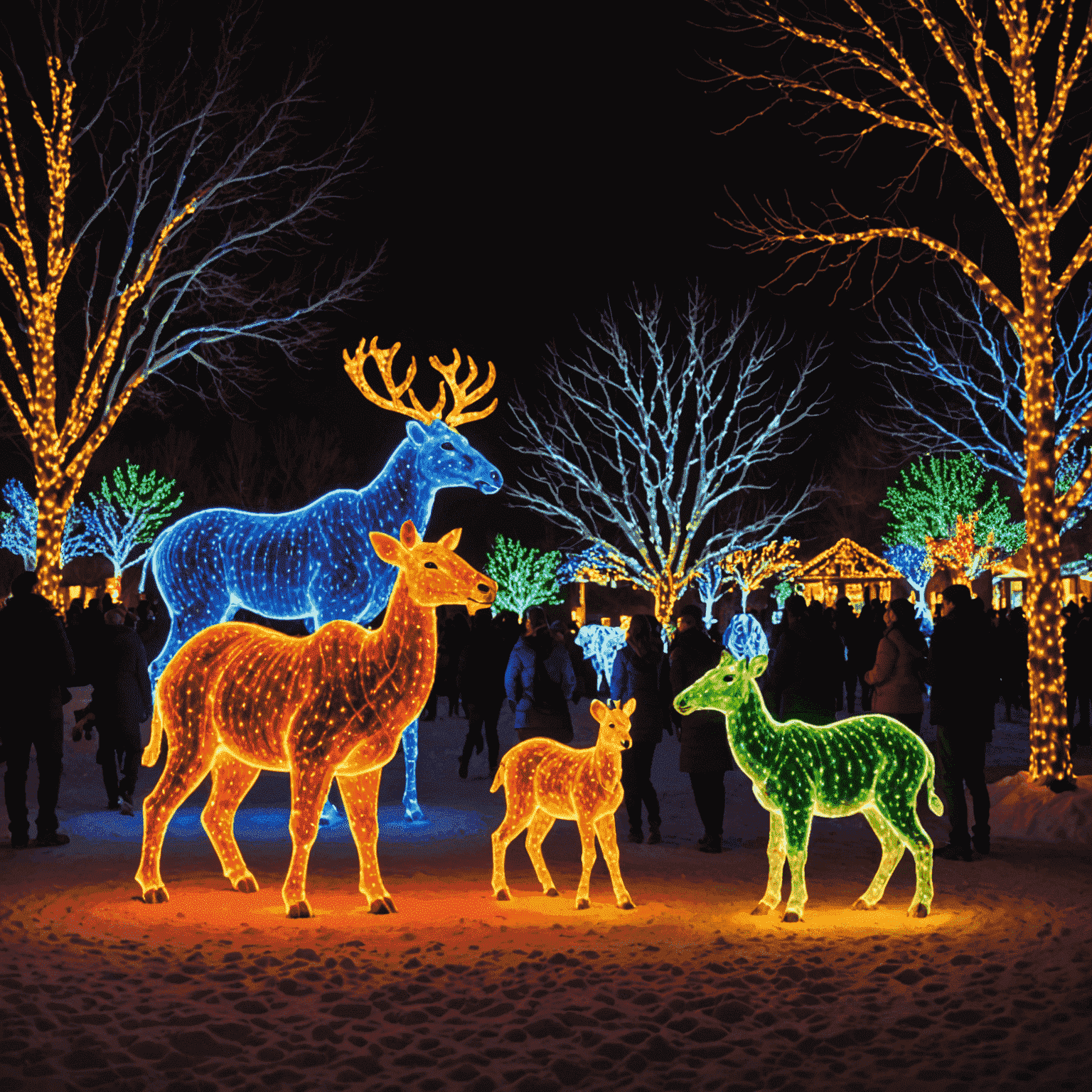 Colorful light displays at Denver Zoo featuring animal-shaped illuminations, families walking through exhibits