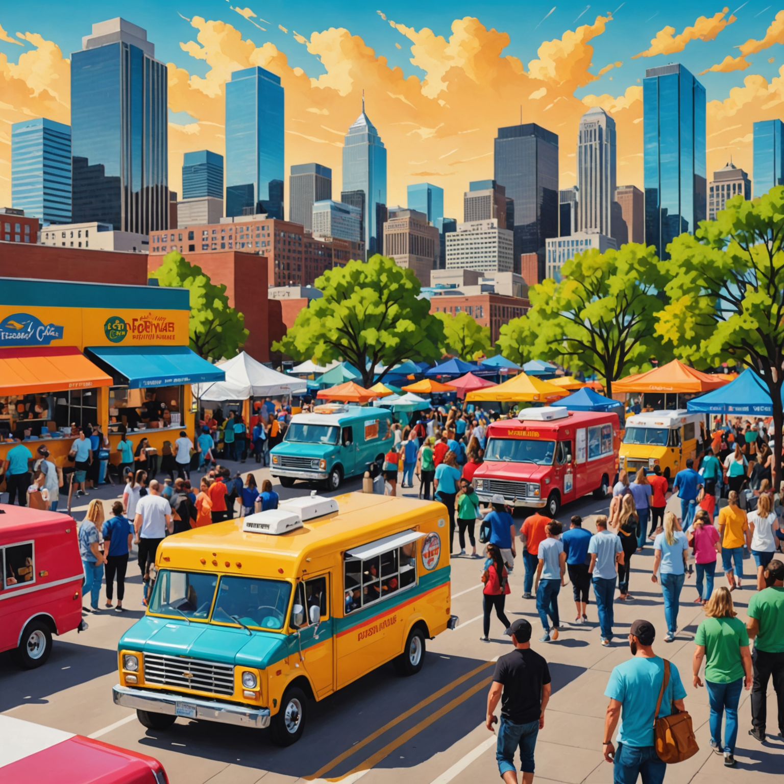 A vibrant food truck rally in Denver with multiple colorful food trucks, crowds of people, and the city skyline in the background