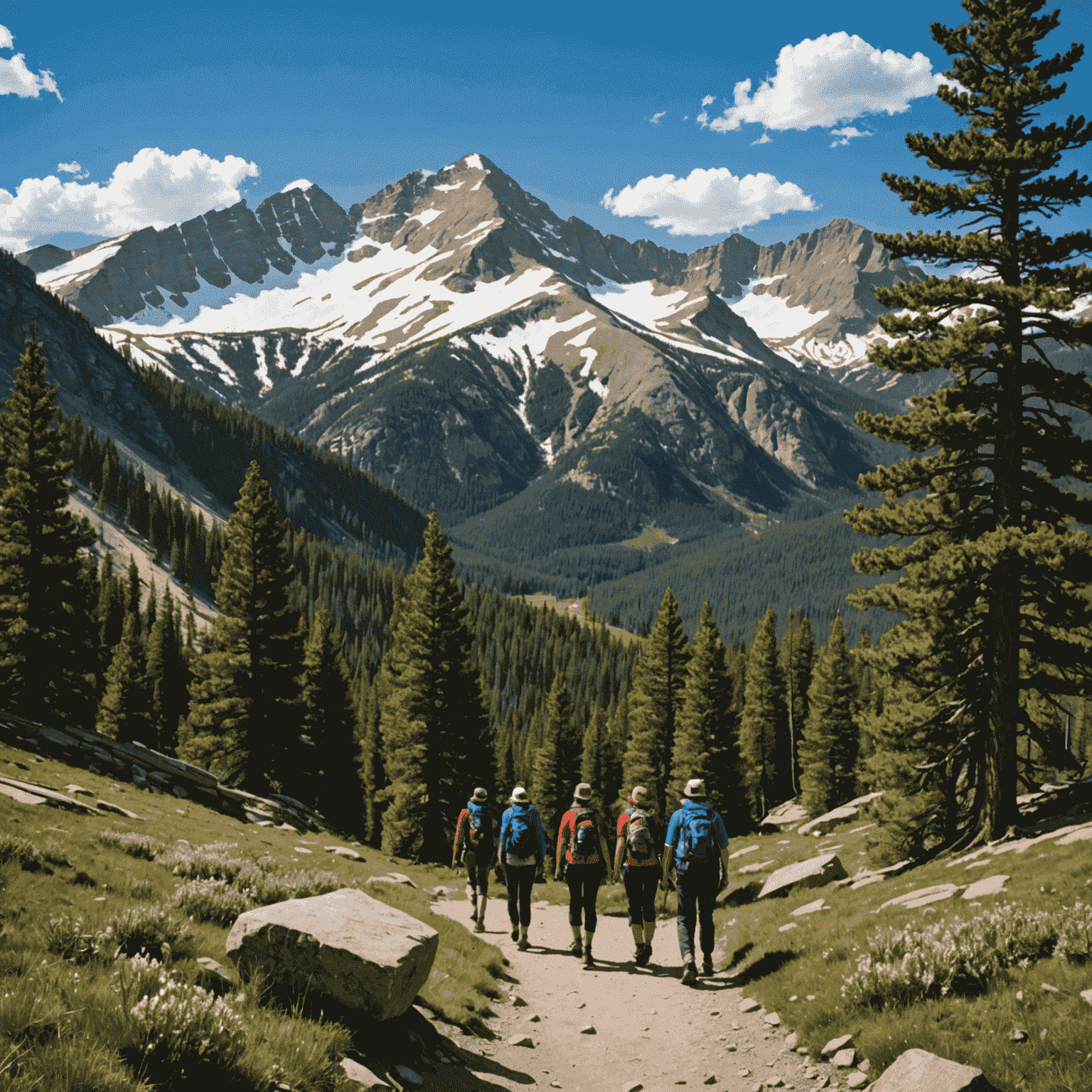 A group of hikers on a trail in Rocky Mountain National Park with snow-capped peaks in the background