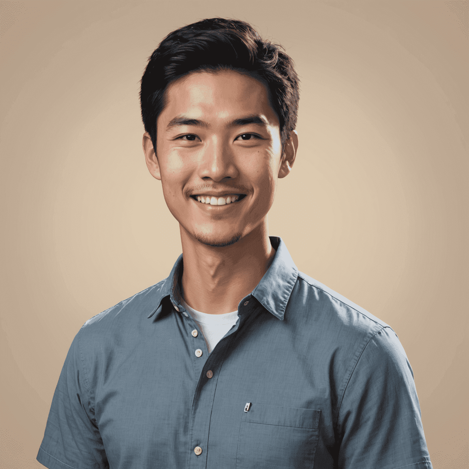 Michael Lee, an Asian-American man in his late 20s with black hair, wearing a casual tech company style shirt, smiling confidently