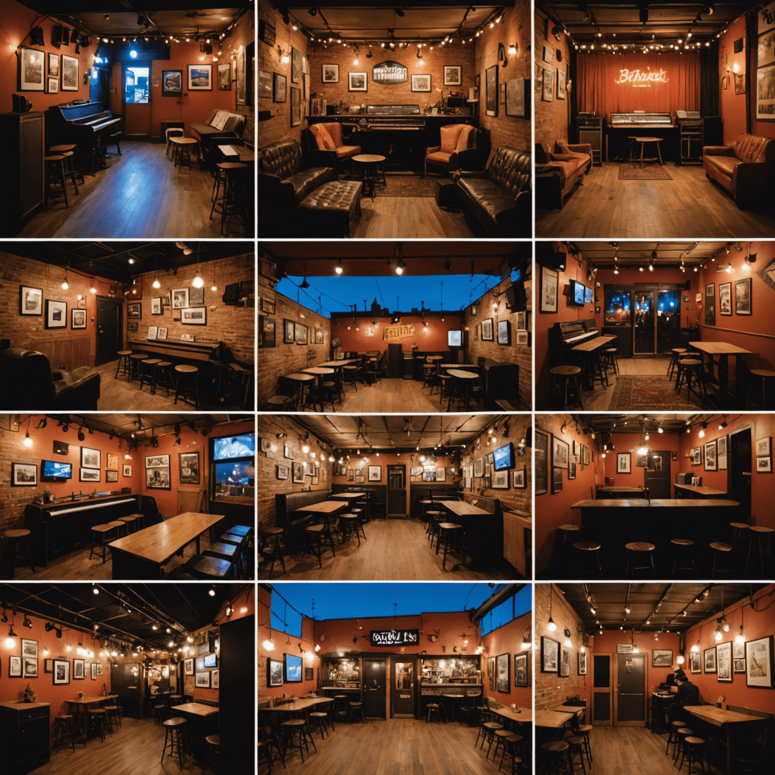 Collage of intimate music venues in Denver, showing small stages, cozy interiors, and live performances