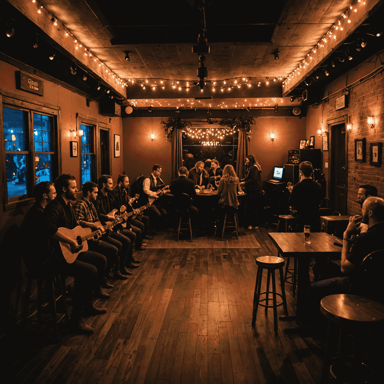 Intimate concert venue in Denver with a small stage, mood lighting, and a crowd enjoying live music. The image captures the cozy atmosphere of a hidden gem venue.