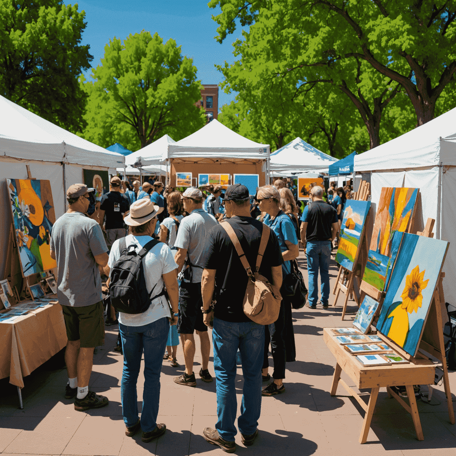 Colorful art displays at the Denver Arts Festival with visitors browsing paintings and sculptures