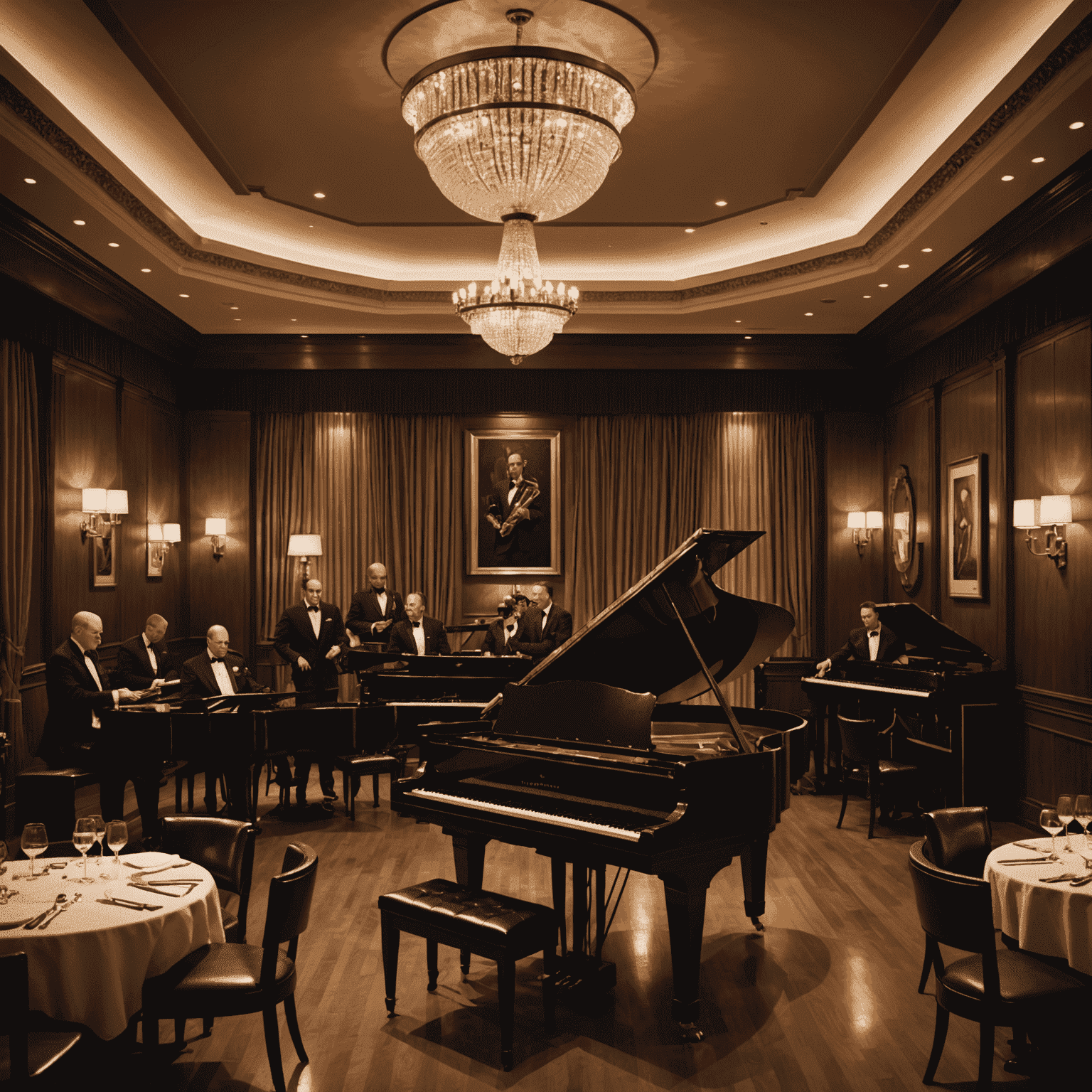 Nocturne Jazz & Supper Club: An elegant art deco-inspired interior with a small stage, grand piano, and tables set for dining. Jazz musicians are performing.