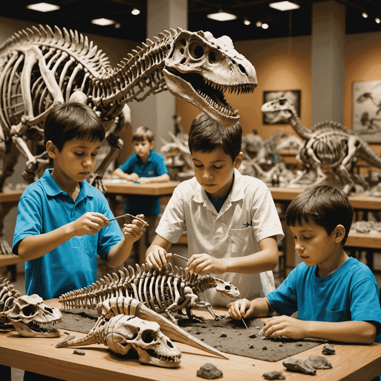 Children engaged in hands-on science experiments, museum exhibits with dinosaur skeletons in the background