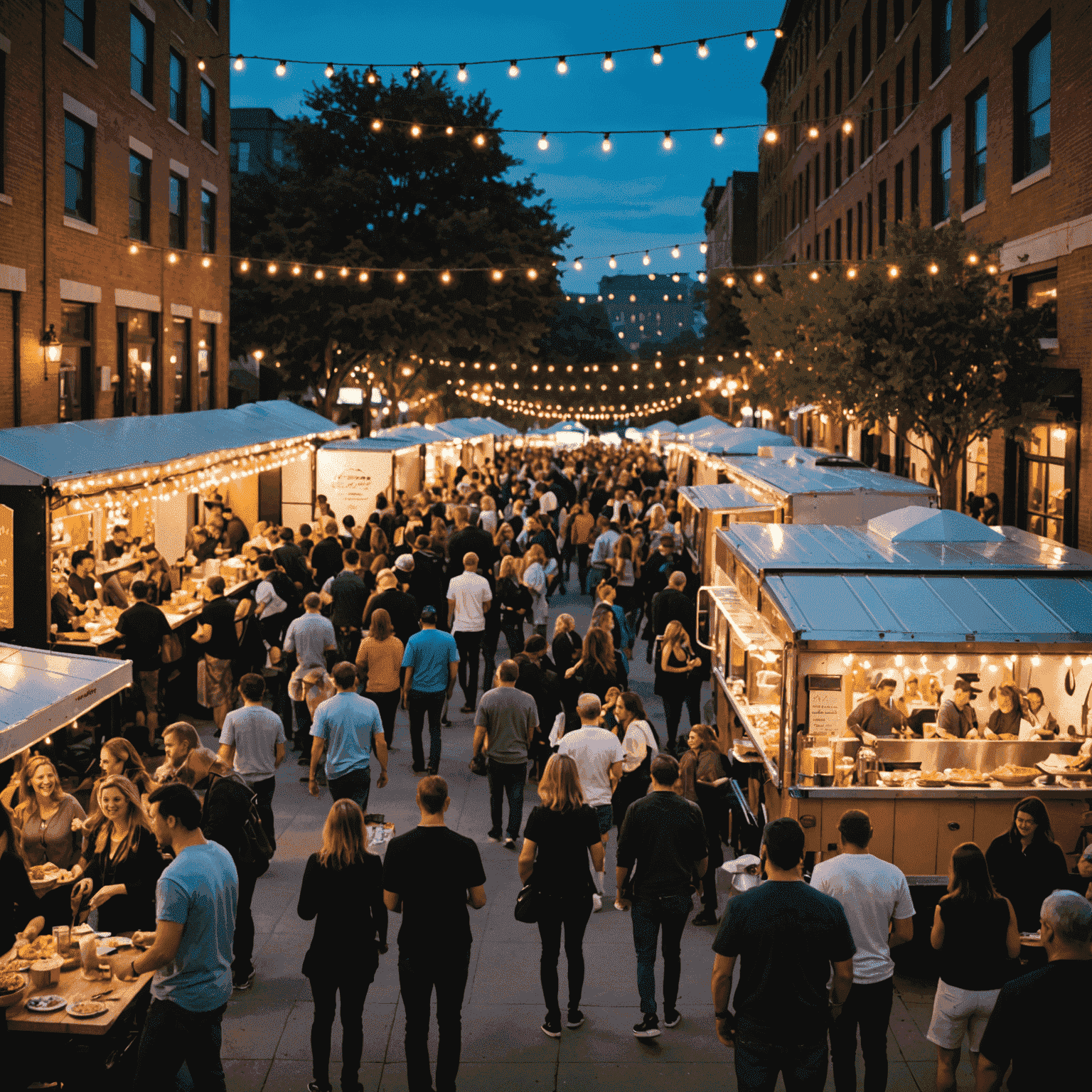 A lively evening food truck rally with strings of lights, people enjoying food, and a stage with live music performance