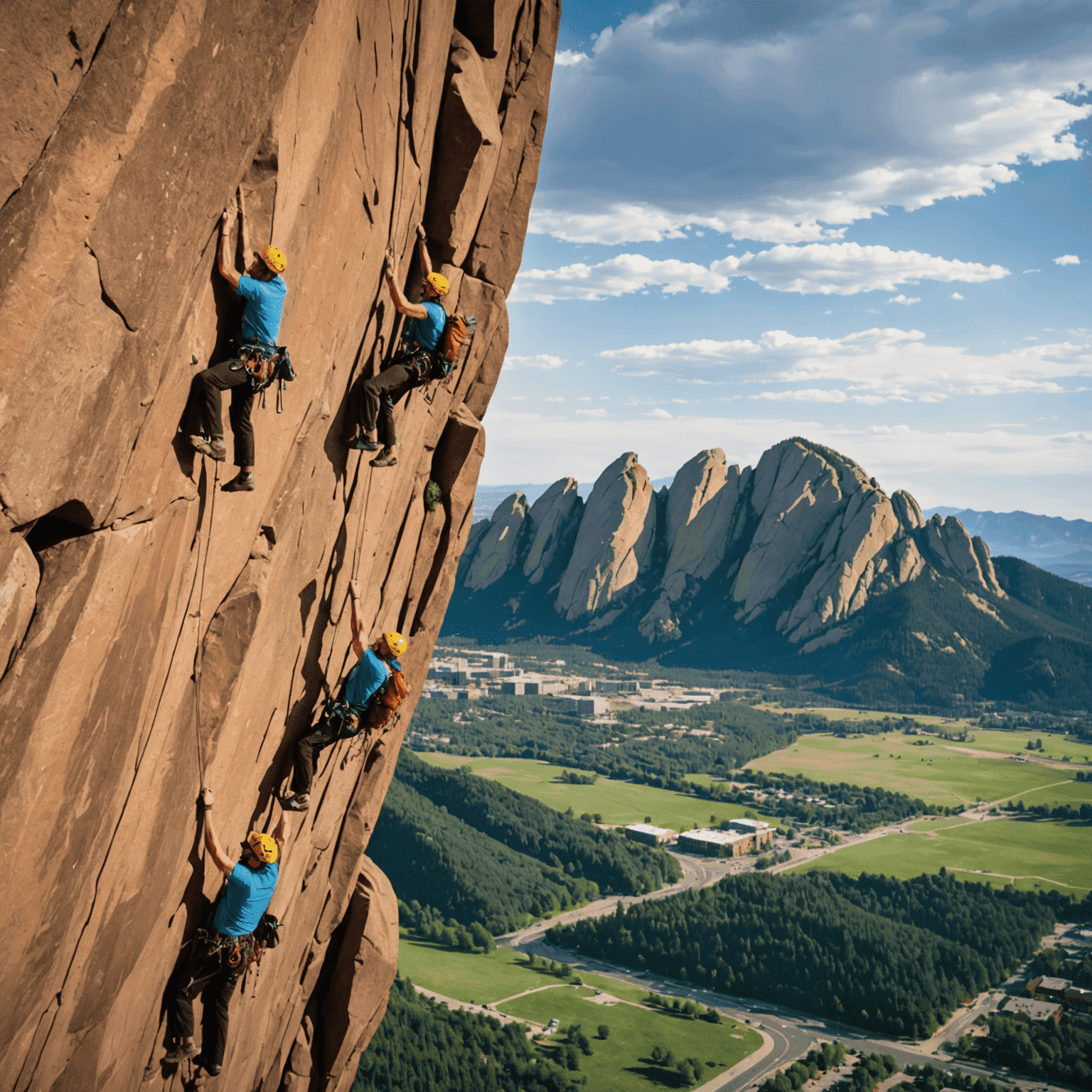 Rock climbers scaling the Flatirons in Boulder, Colorado with the city visible in the distance