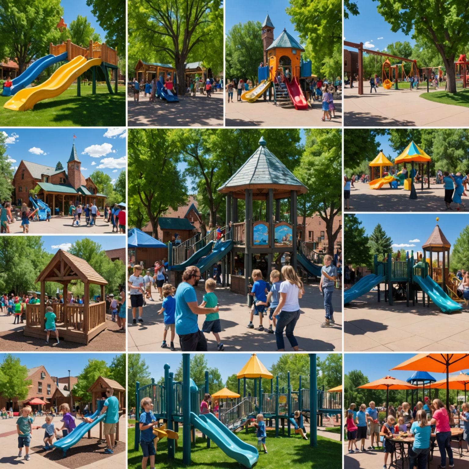 A collage of family-friendly activities in Denver, including a children's museum, zoo animals, and an outdoor playground. Smiling families are seen enjoying various events.