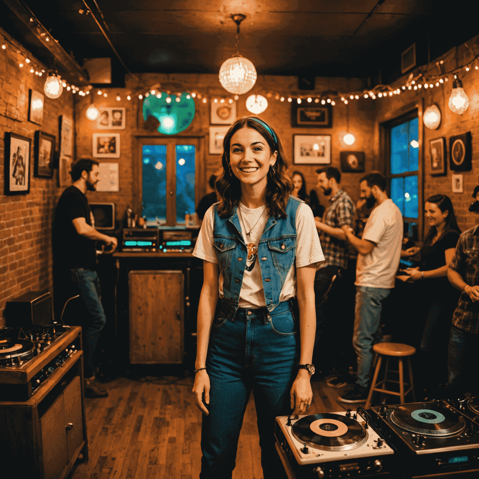 Your Mom's House: A quirky, colorful venue with retro decor, a small stage, and a diverse crowd. A DJ is spinning records while people dance.