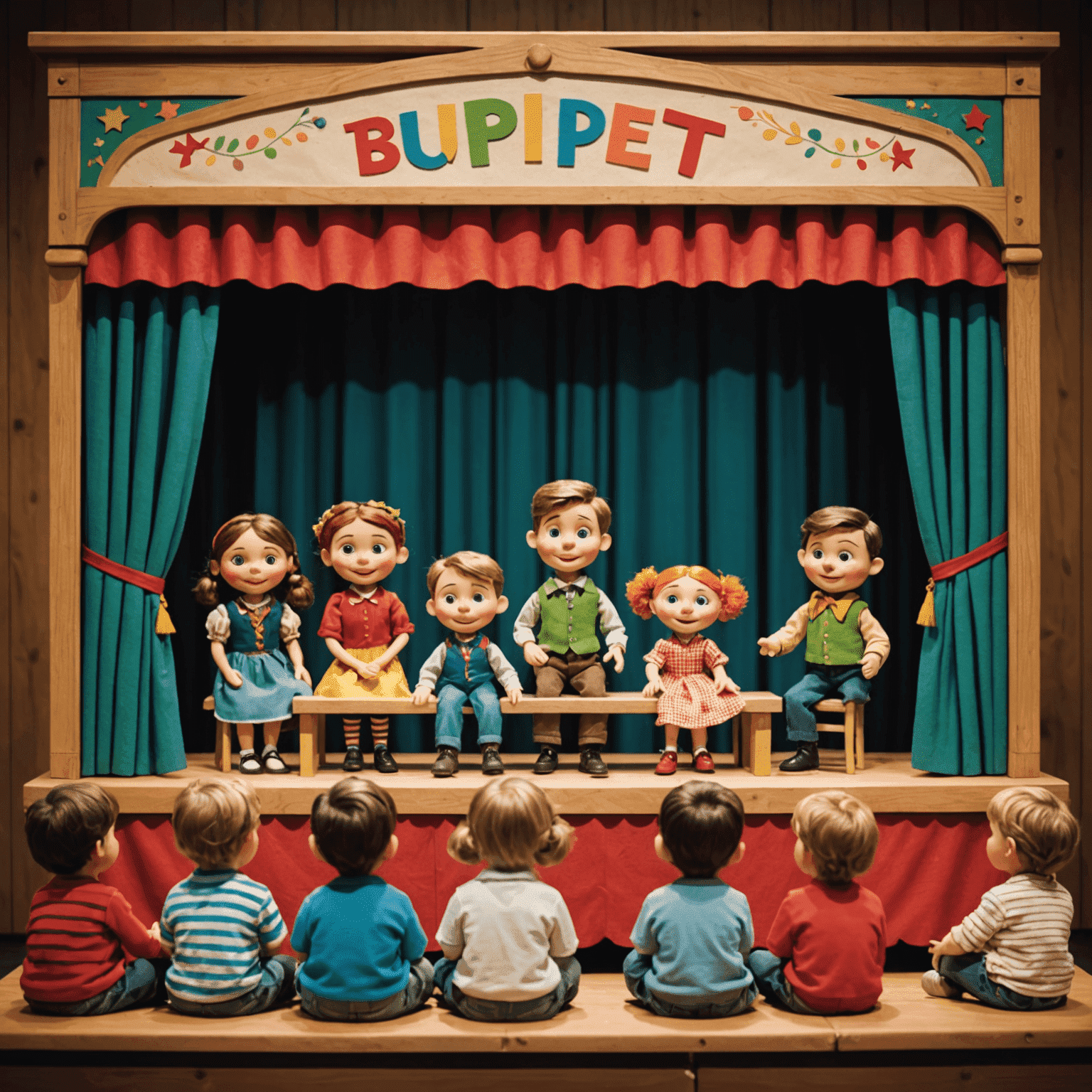 Colorful puppet show stage with children sitting in the audience, puppeteers visible behind the scenes