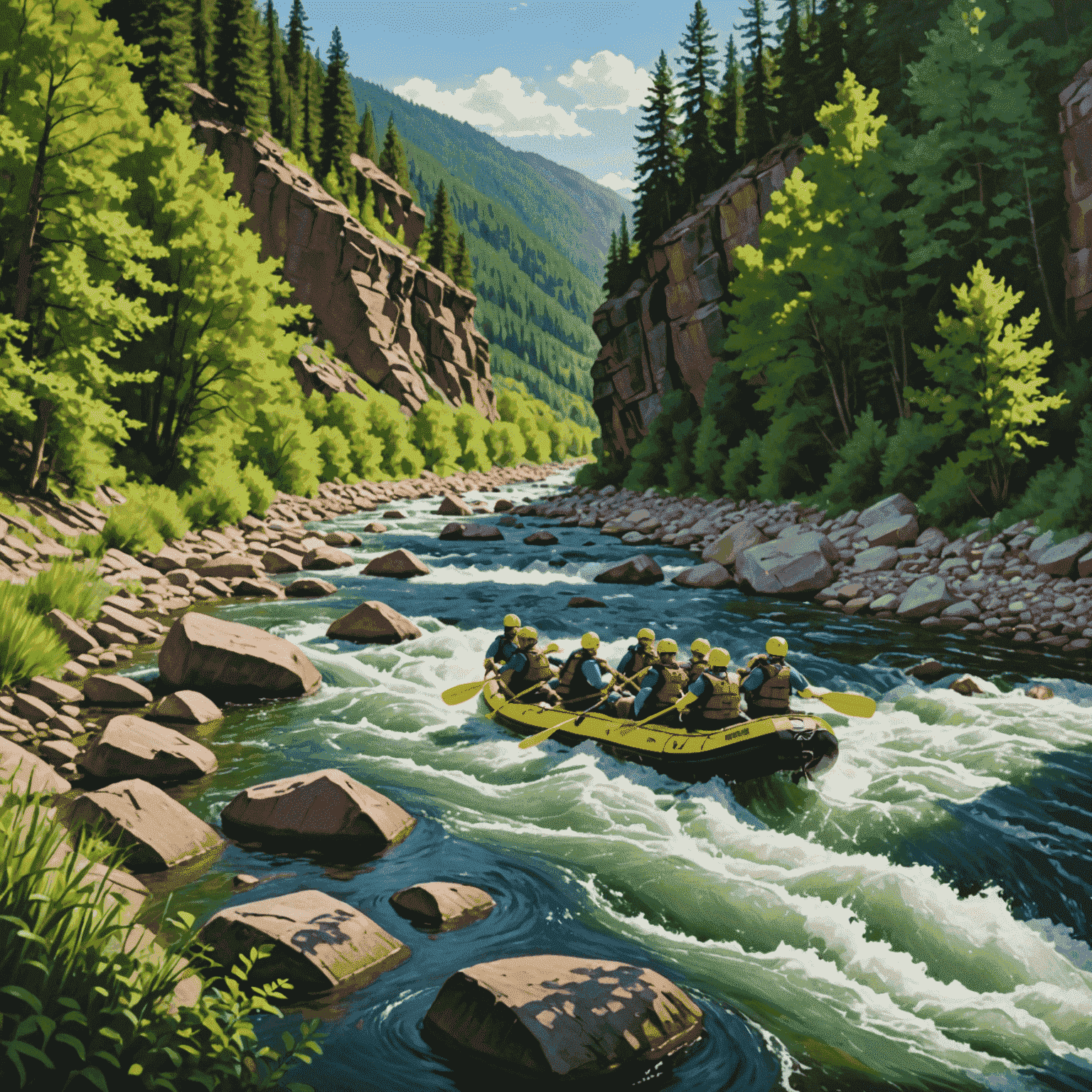 A group of rafters navigating rapids on Clear Creek with lush green banks on either side