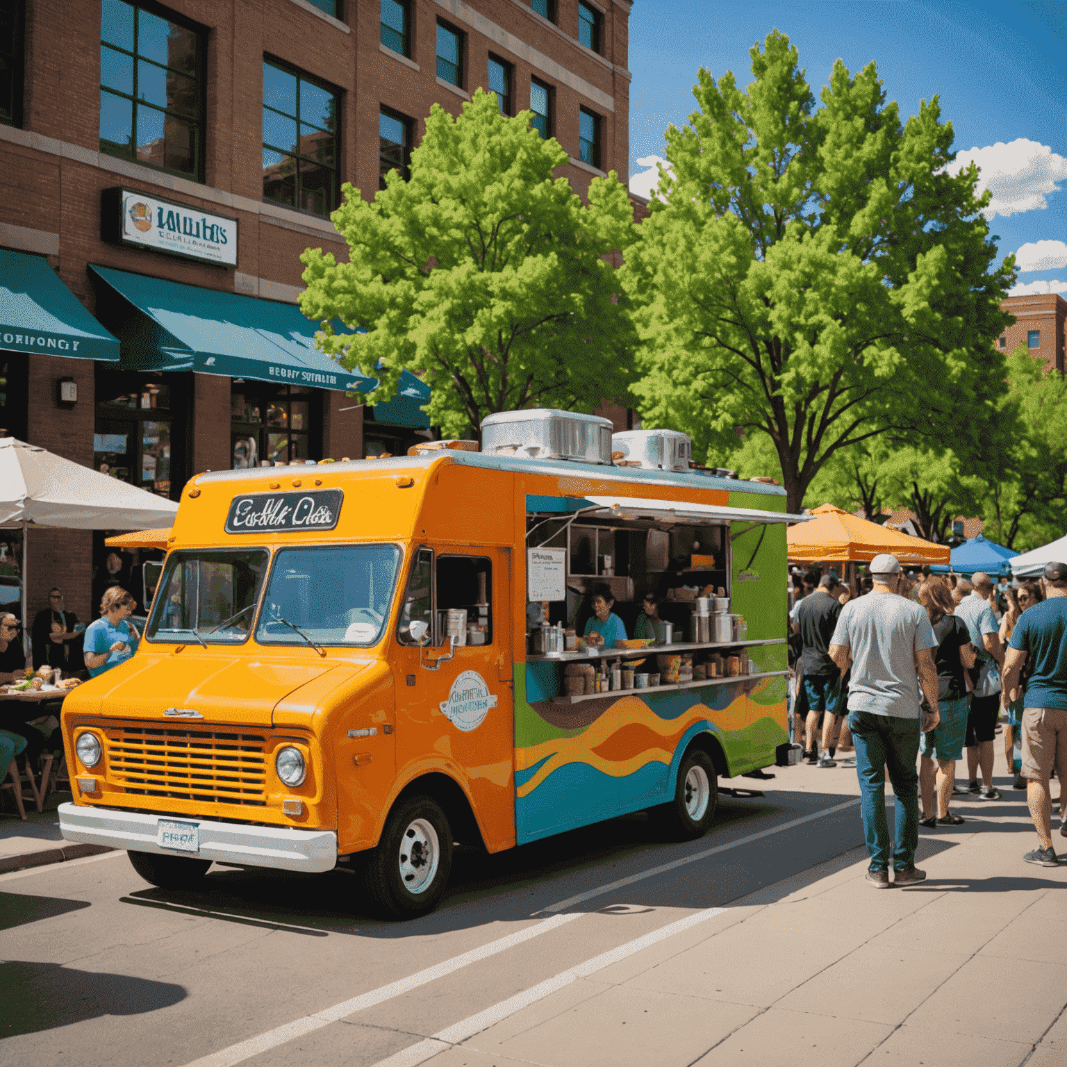 A lively food truck rally in Denver with a variety of colorful trucks, people queuing up, and others enjoying diverse cuisines in an outdoor setting.