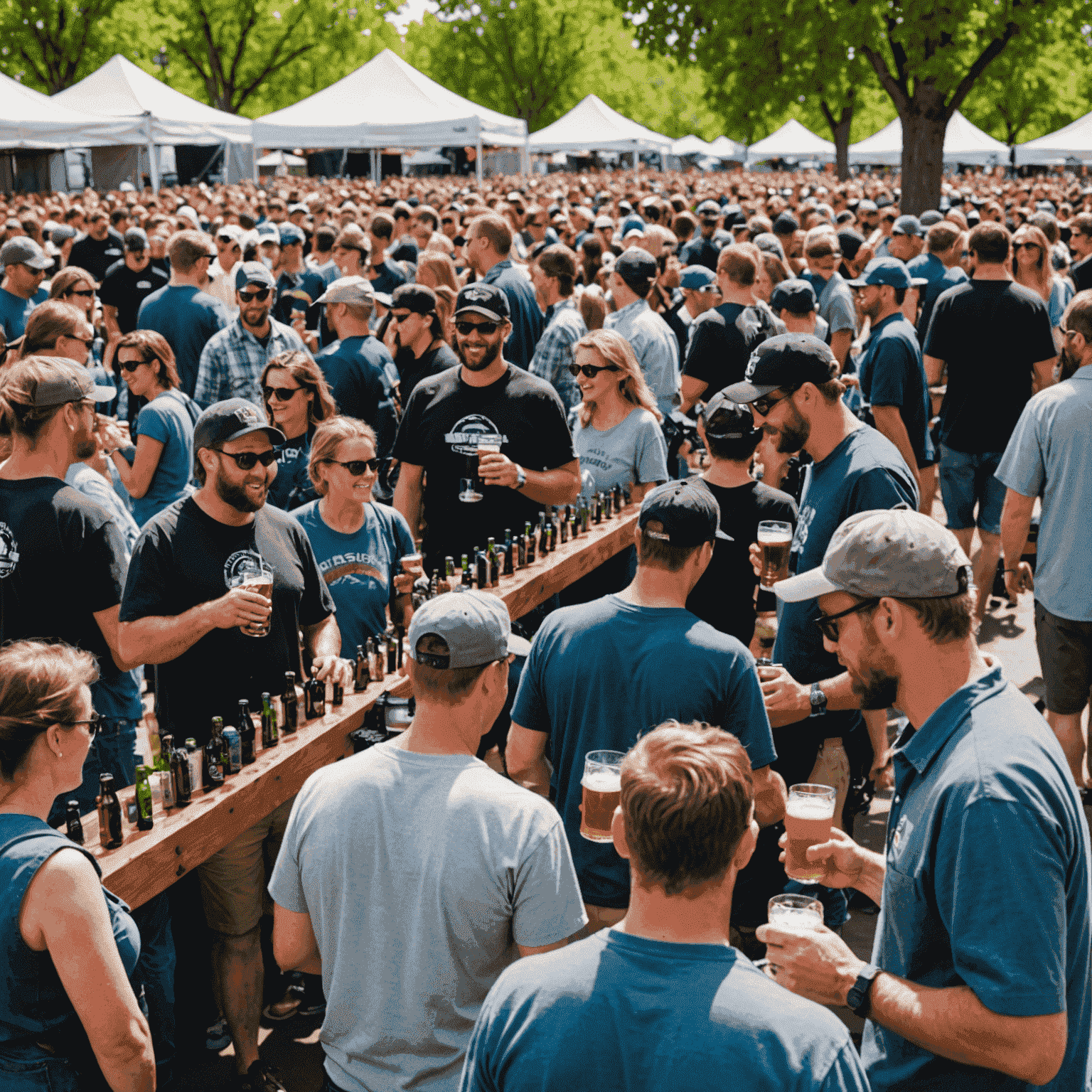 Rows of beer taps and enthusiastic crowds at the Denver Brew Fest, with people sampling various craft beers