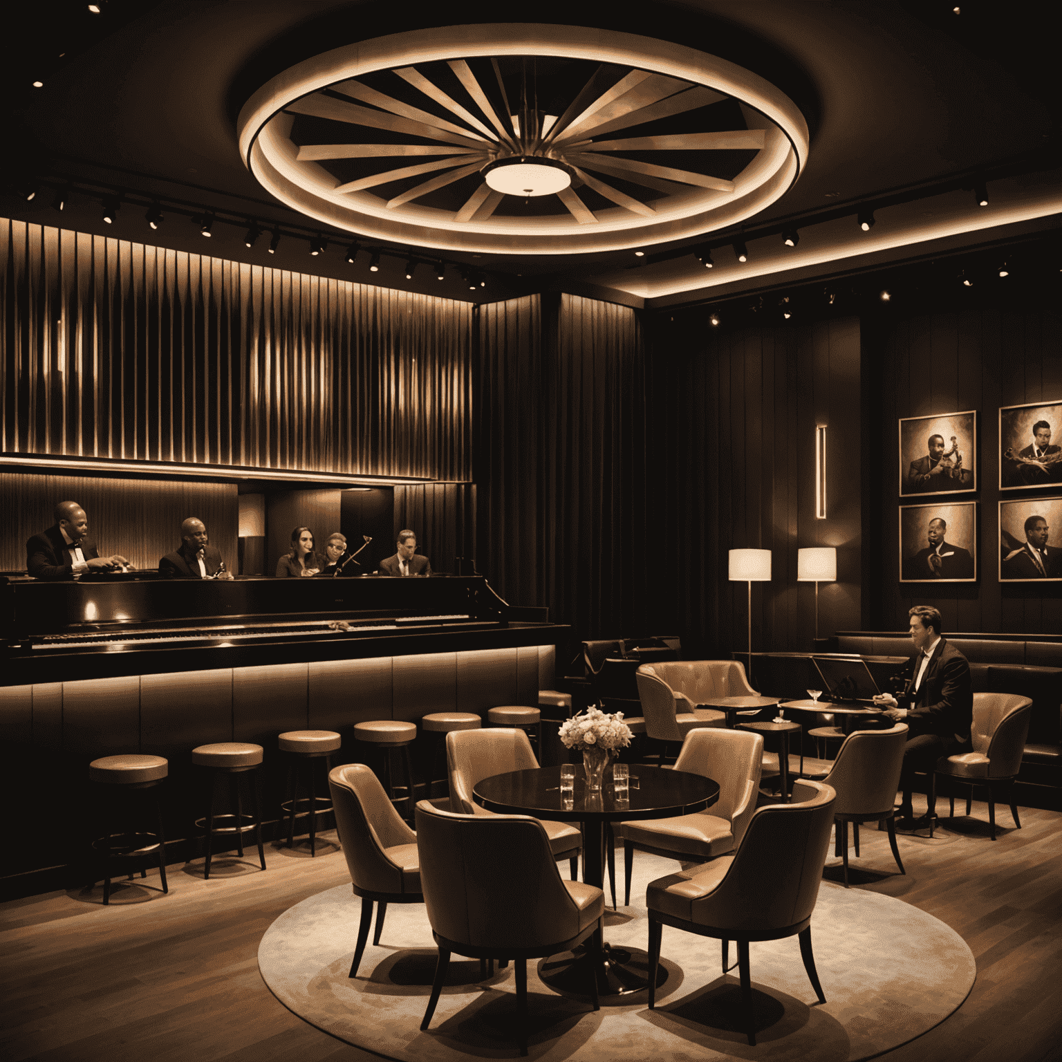 Dazzle: A sleek, modern jazz club with tiered seating, mood lighting, and a prominent stage. A jazz ensemble is performing to an attentive audience.