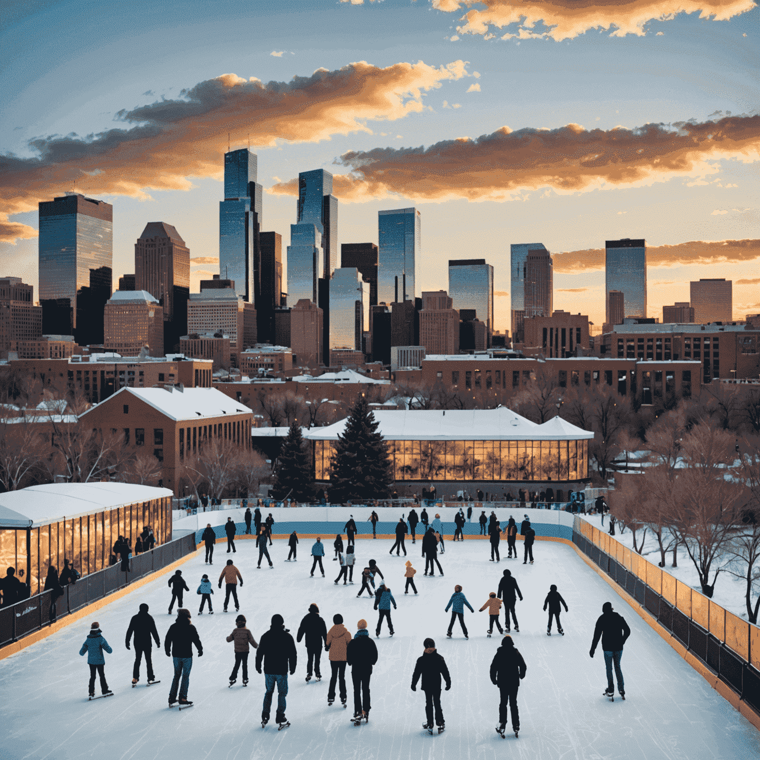 Outdoor ice skating rink with Denver skyline in the background, families skating together