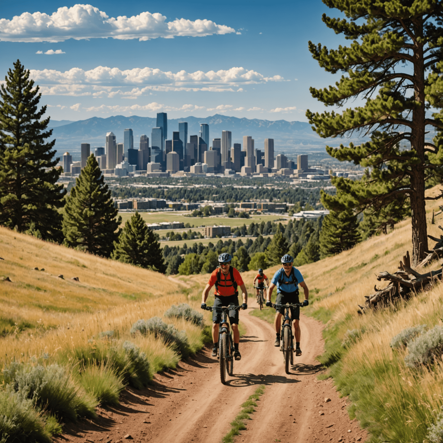 Mountain bikers riding on a scenic trail in the foothills near Denver with the city skyline visible in the distance