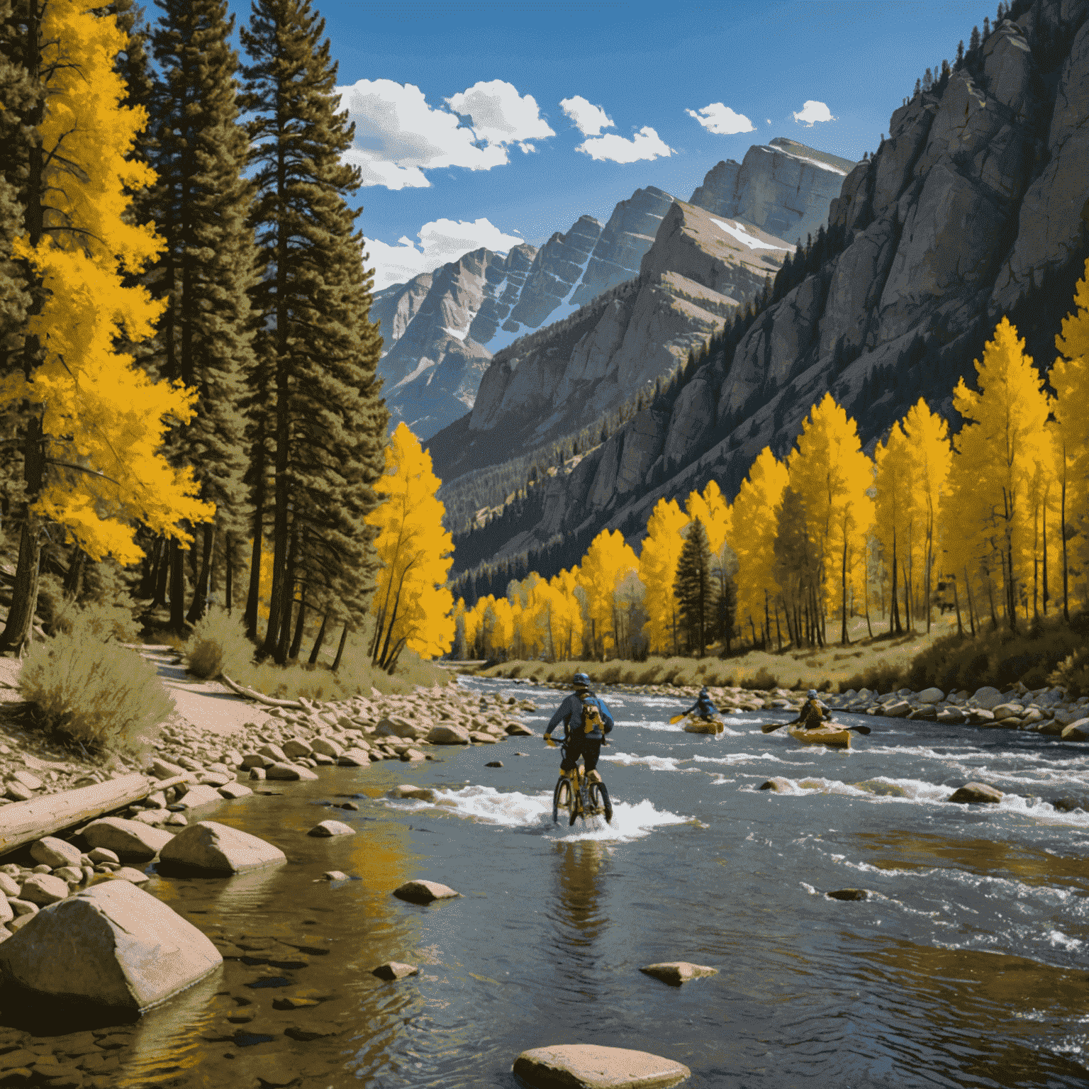 A montage of outdoor activities near Denver, showcasing hiking trails, mountain biking paths, rock climbing spots, and kayaking on scenic rivers with the Rocky Mountains in the background.