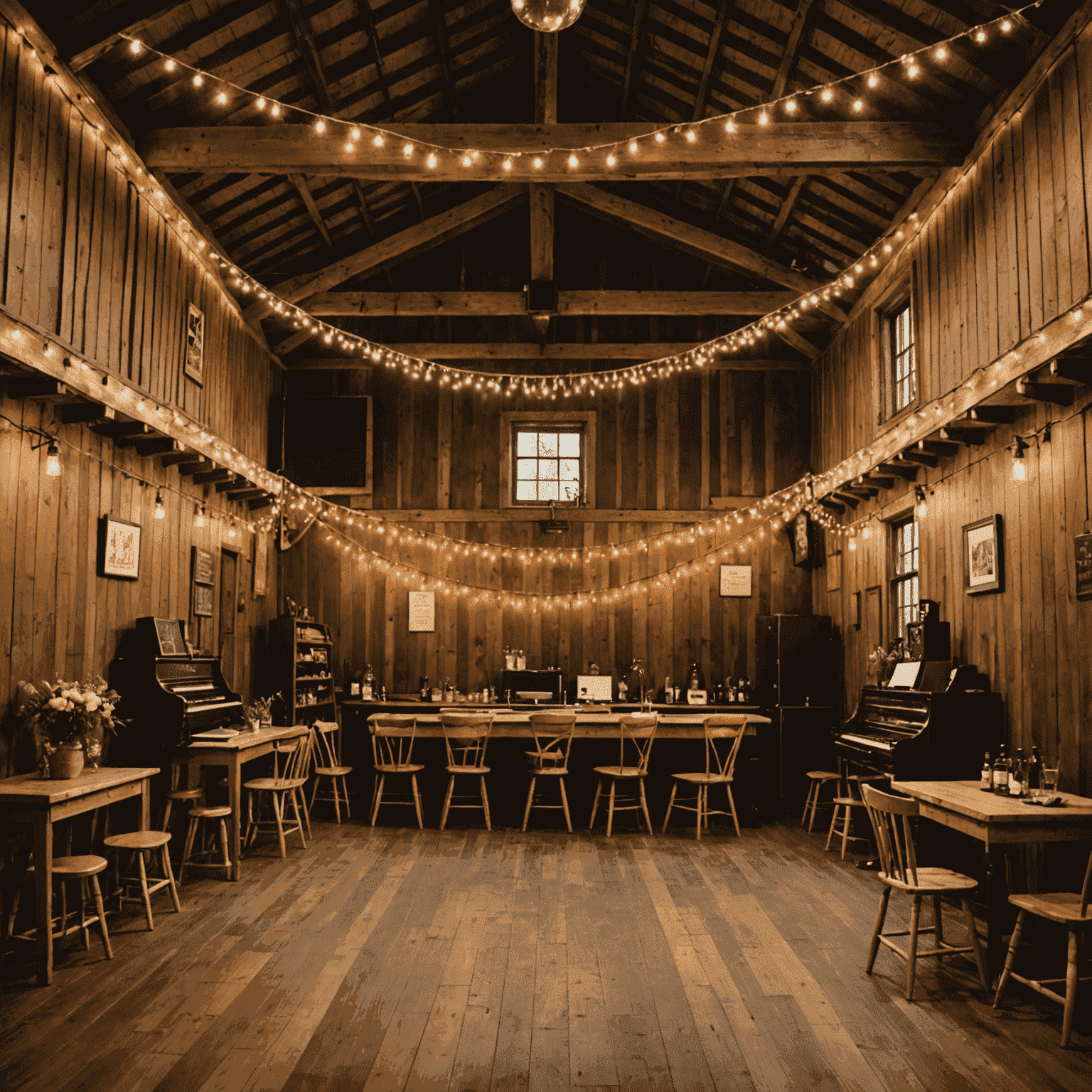 Globe Hall: A rustic venue with wooden interiors, string lights, and a small elevated stage. A country or folk band is performing to a lively crowd.