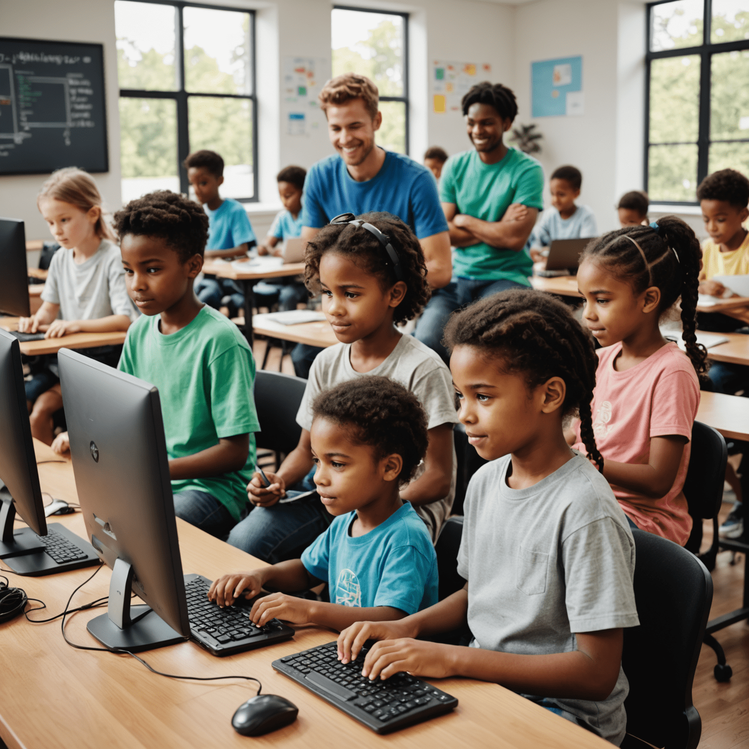 Children working on computers, learning to code with instructors guiding them