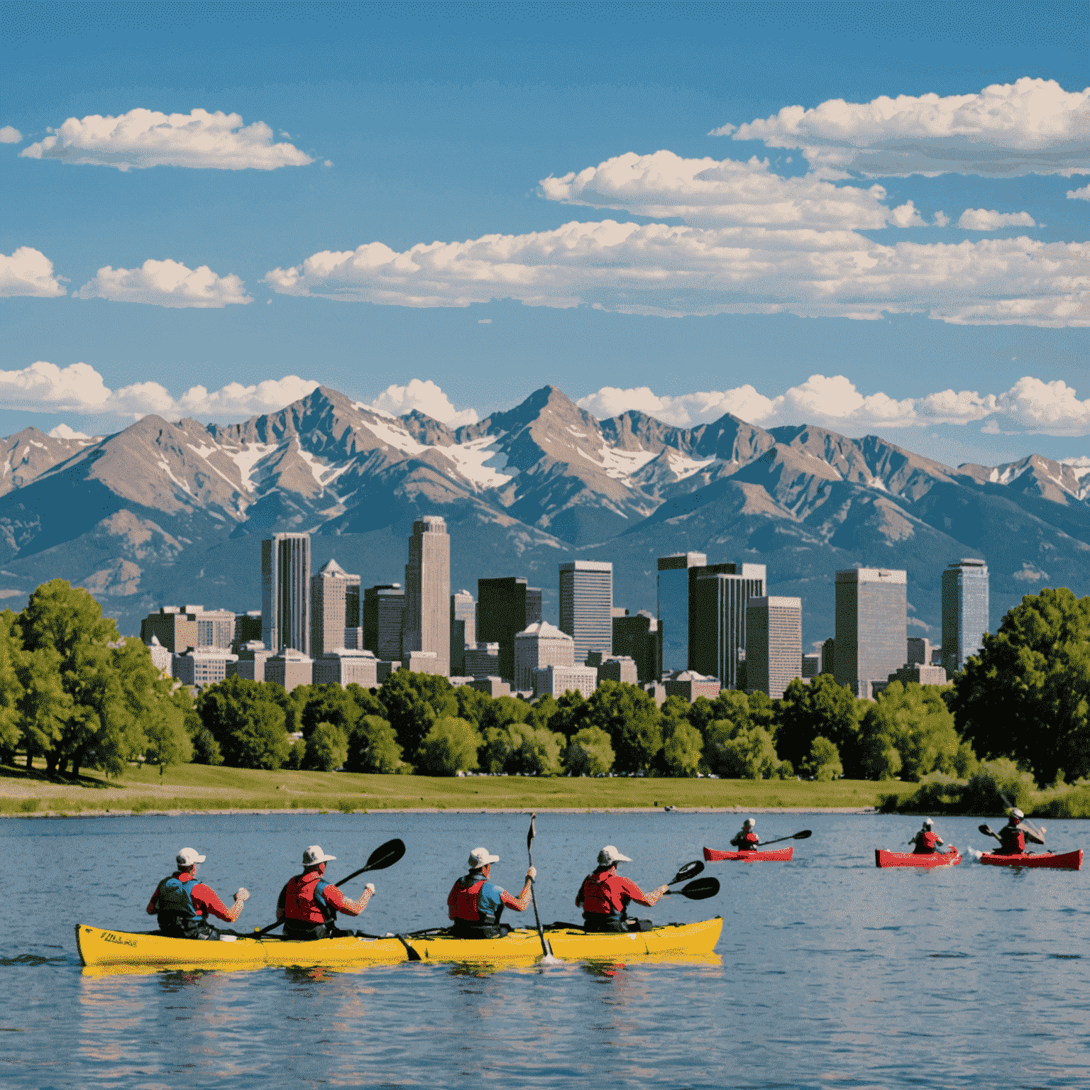 Kayakers paddling on Sloan's Lake with the Denver skyline and Rocky Mountains in the background