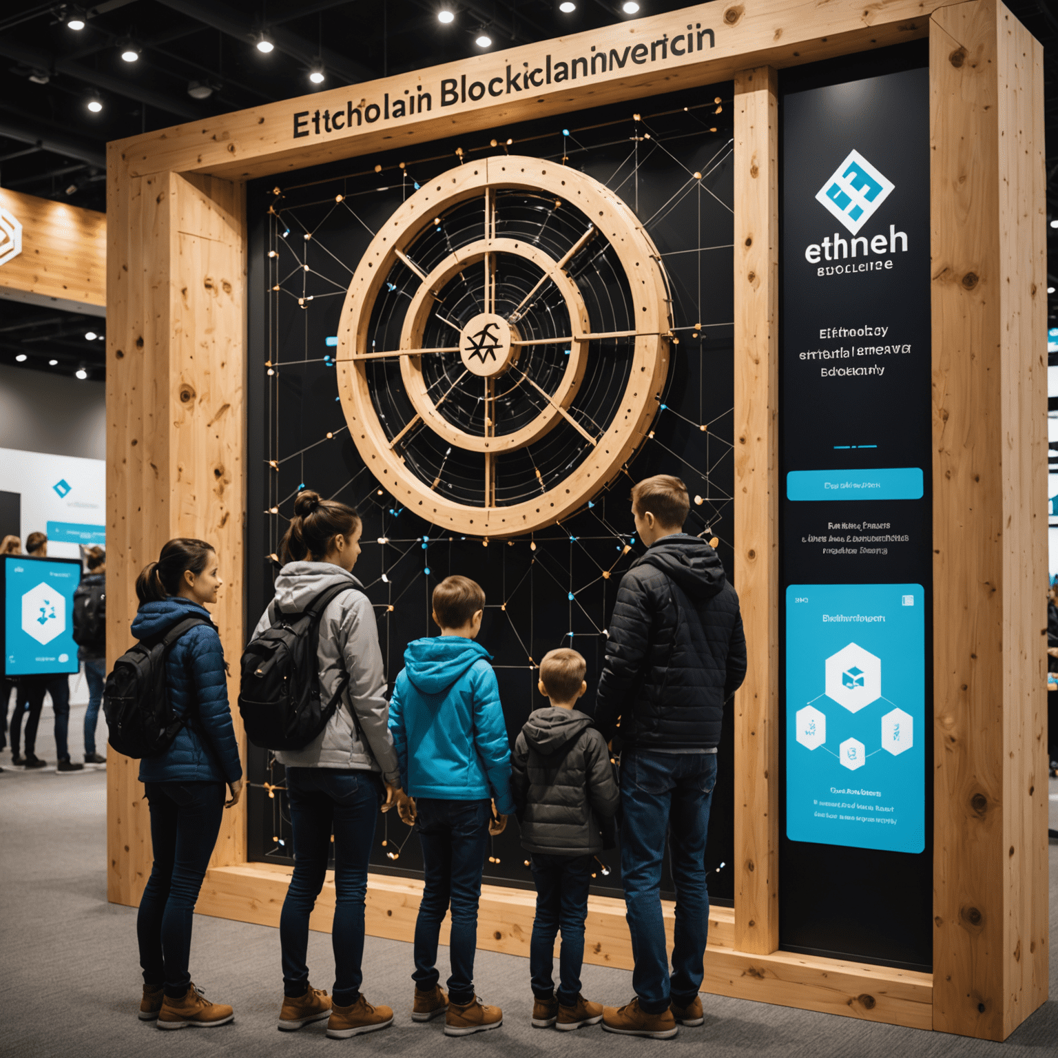 Interactive blockchain technology displays with families exploring, ETHDenver logo prominently displayed