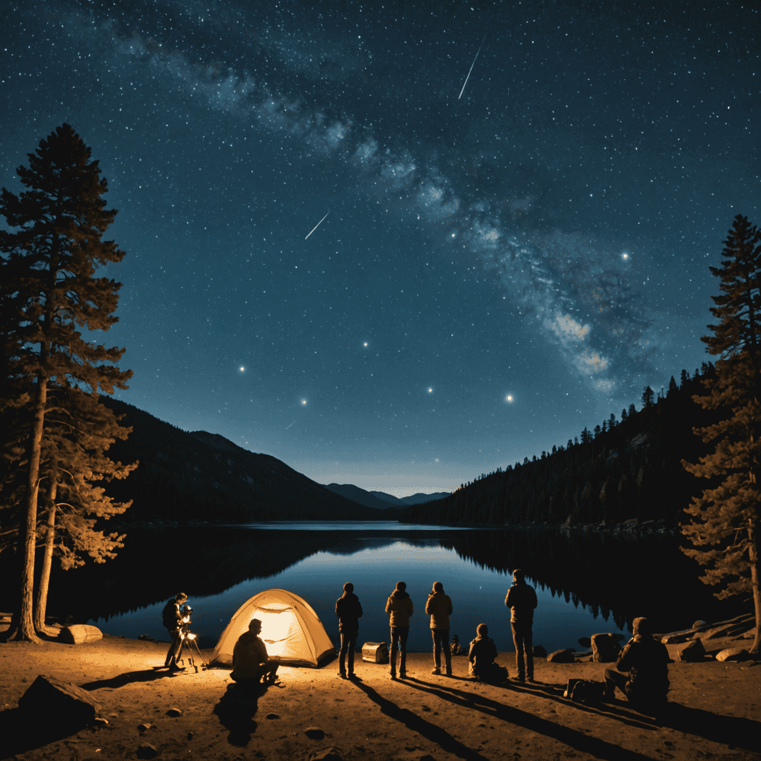 A group of people stargazing at Echo Lake Park with telescopes and a clear night sky full of stars